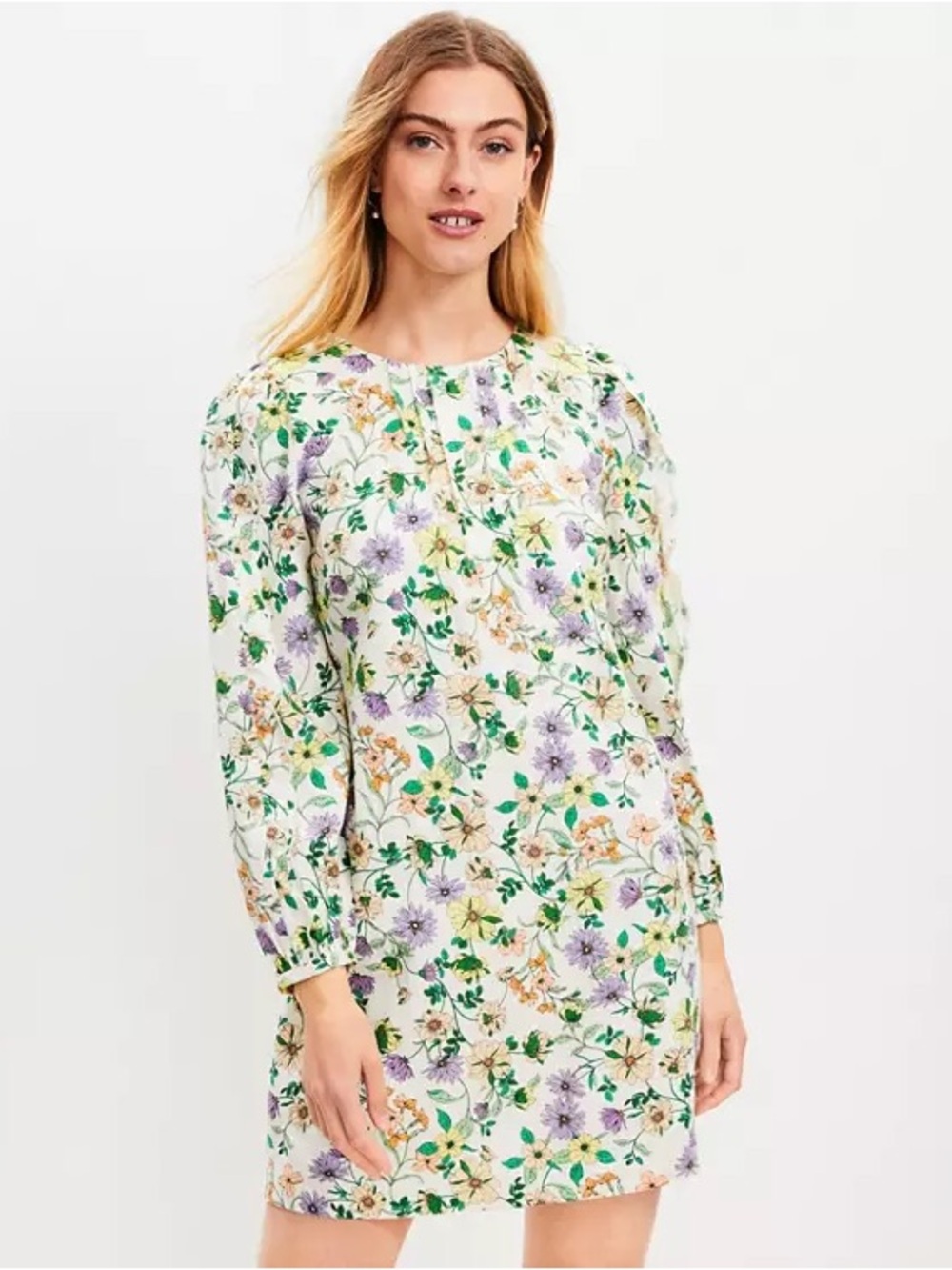 LOFT Floral Long Sleeve Shift Dress Linen Blend Size 8 Petite NWT